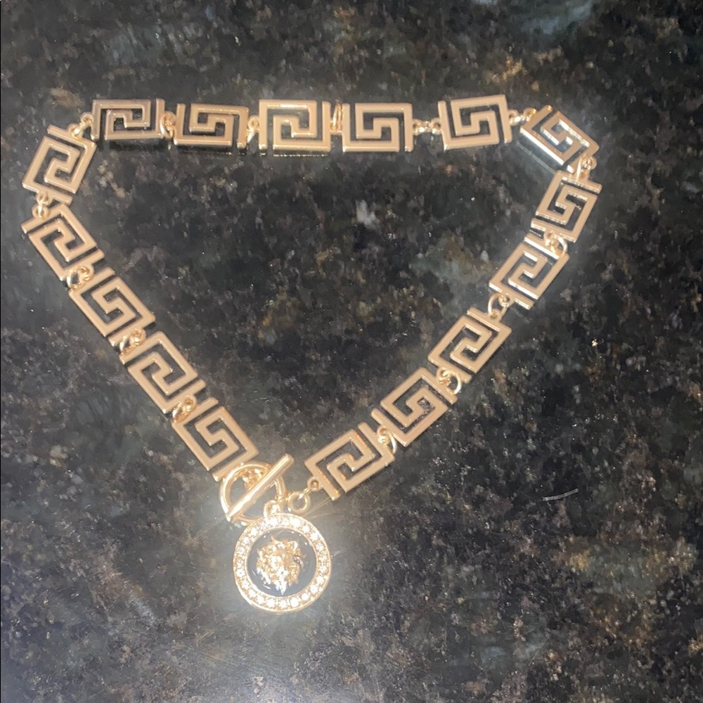 Gold and Silver Greek Key Necklace with Medallion